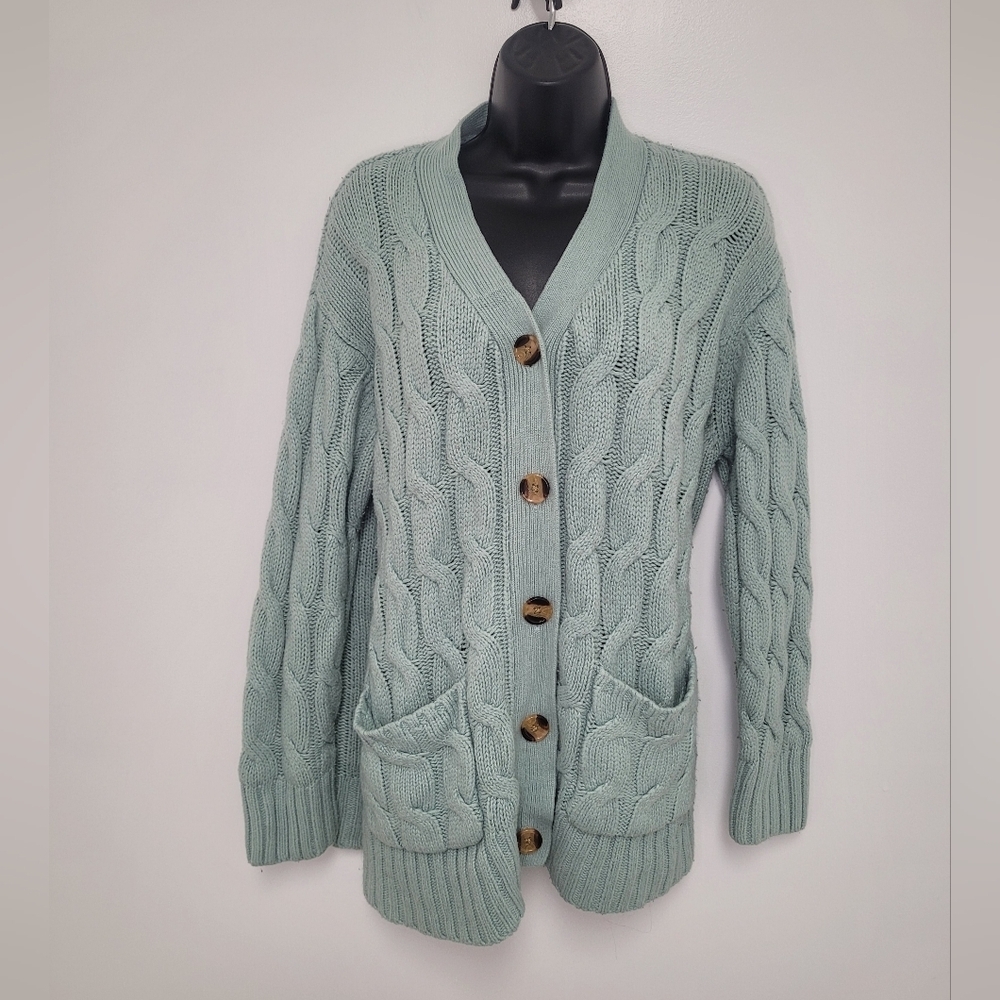 Mint Green Chunky Cable Knit Button Front Cardigan Sweater sz XXL
